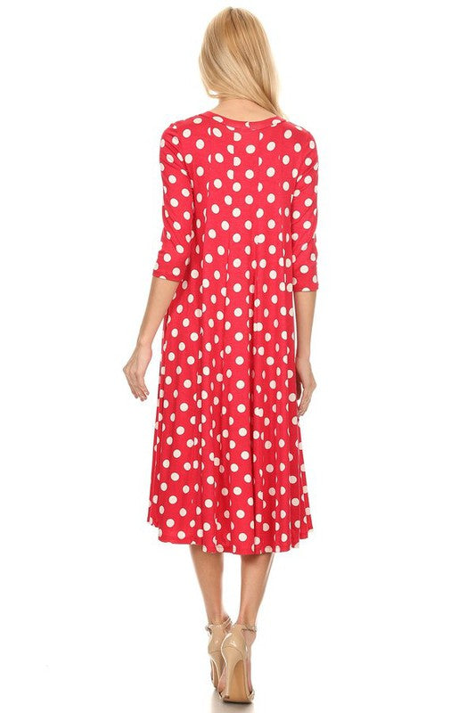 Women's A-Line Midi Dress with Polka Dots and 3/4 Sleeves