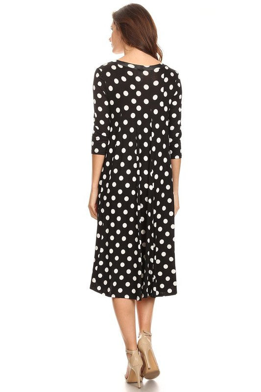 Women's A-Line Midi Dress with Polka Dots and 3/4 Sleeves