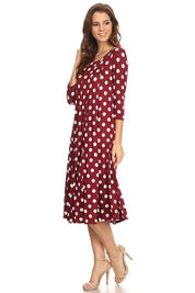 Women's A-Line Midi Dress with Polka Dots and 3/4 Sleeves