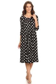 Women's A-Line Midi Dress with Polka Dots and 3/4 Sleeves