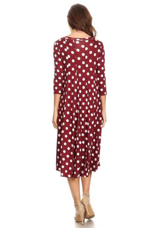 Women's A-Line Midi Dress with Polka Dots and 3/4 Sleeves