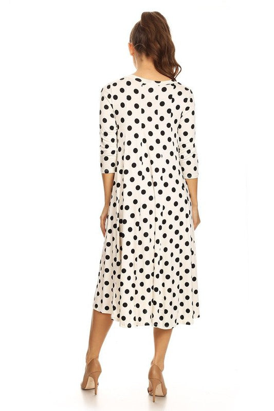 Women's A-Line Midi Dress with Polka Dots and 3/4 Sleeves