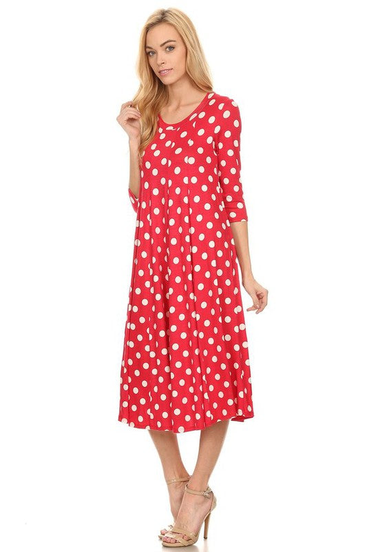 Women's A-Line Midi Dress with Polka Dots and 3/4 Sleeves