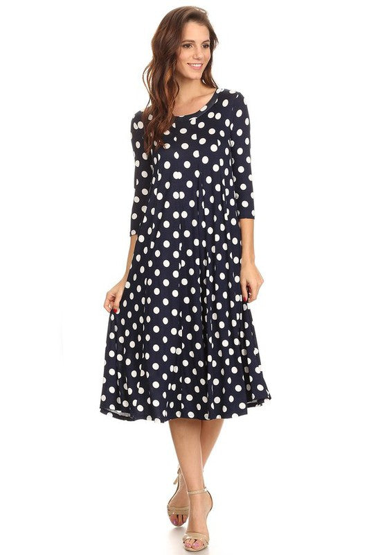 Women's A-Line Midi Dress with Polka Dots and 3/4 Sleeves