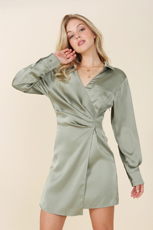 Women's Satin Collared Wrap Mini Dress in Wine and Sage