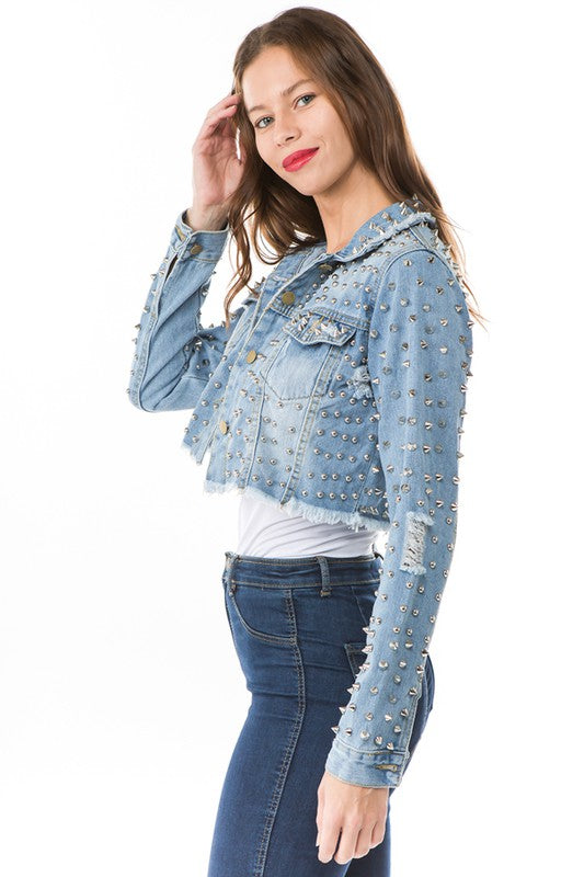 Women's Chic Cropped Denim Jacket with Stud Details