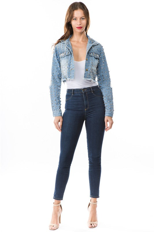 Women's Chic Cropped Denim Jacket with Stud Details