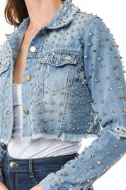 Women's Chic Cropped Denim Jacket with Stud Details