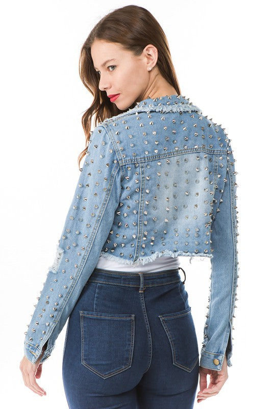 Women's Chic Cropped Denim Jacket with Stud Details