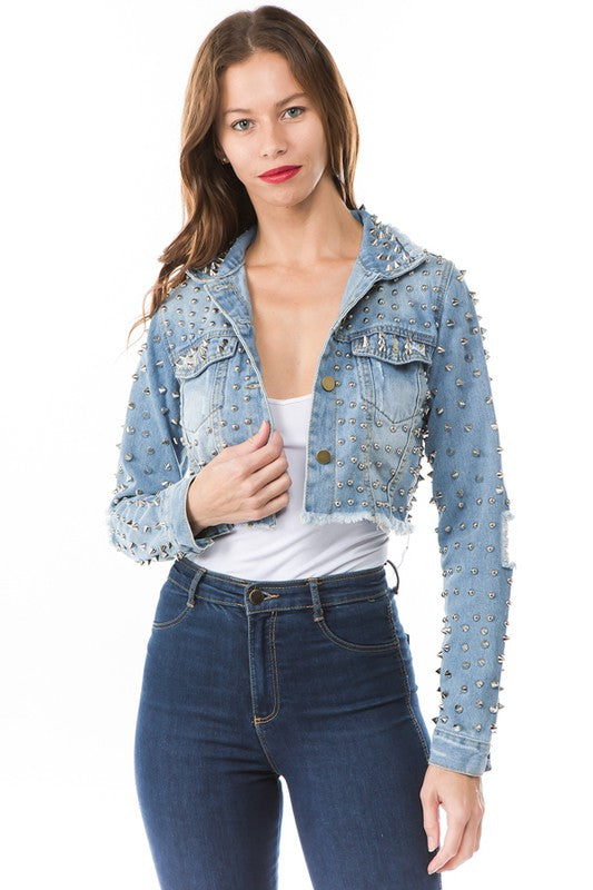 Women's Chic Cropped Denim Jacket with Stud Details