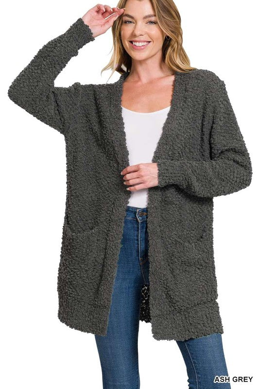 Women's Loose Fit Long Sleeve Popcorn Sweater Cardigan