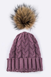 Women's Cable Knit Beanie with Raccoon Fur Pom Pom