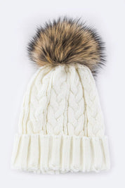 Women's Cable Knit Beanie with Raccoon Fur Pom Pom