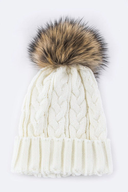 Women's Cable Knit Beanie with Raccoon Fur Pom Pom