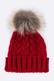 Women's Cable Knit Beanie with Raccoon Fur Pom Pom