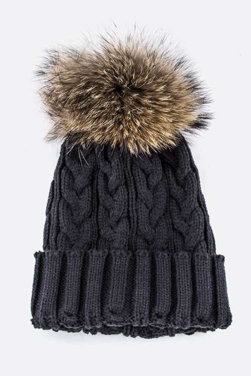 Women's Cable Knit Beanie with Raccoon Fur Pom Pom