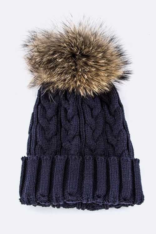 Women's Cable Knit Beanie with Raccoon Fur Pom Pom