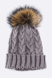 Women's Cable Knit Beanie with Raccoon Fur Pom Pom