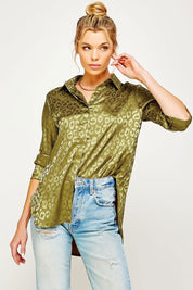 Women's Satin Leopard Print Button Down Top