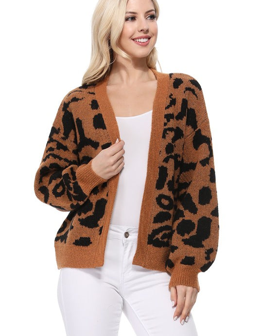 Leopard Jacquard Open Front Shrug Cardigan