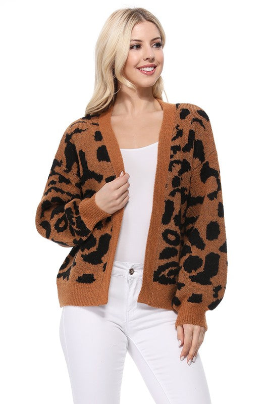 Women's Long Sleeve Leopard Jacquard Open Front Cardigan