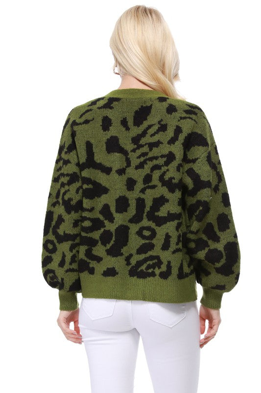 Women's Long Sleeve Leopard Jacquard Open Front Cardigan