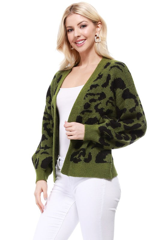 Women's Long Sleeve Leopard Jacquard Open Front Cardigan