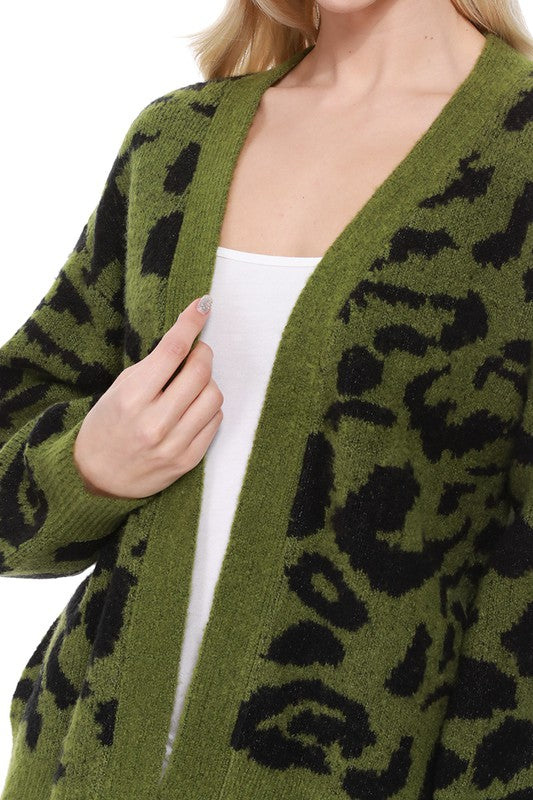 Women's Long Sleeve Leopard Jacquard Open Front Cardigan