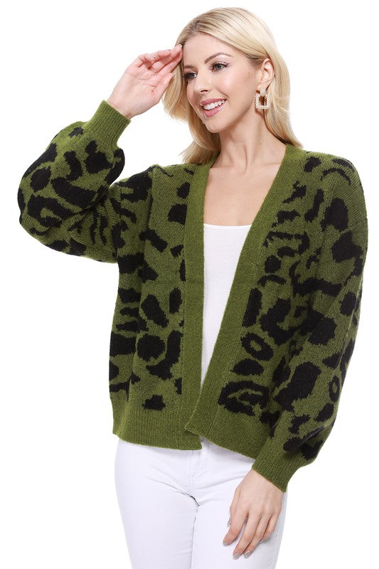 Women's Long Sleeve Leopard Jacquard Open Front Cardigan