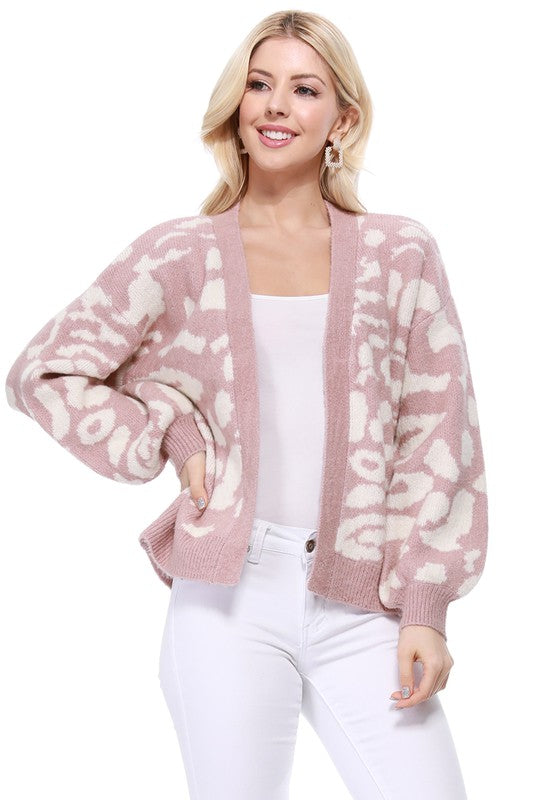 Women's Long Sleeve Leopard Jacquard Open Front Cardigan