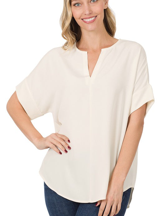 Heavy Woven Span Split Neck Short Sleeve Top