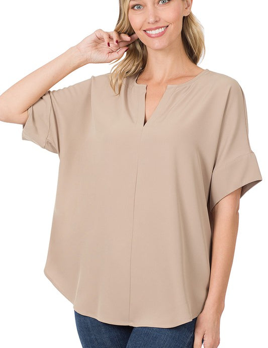 Heavy Woven Span Split Neck Short Sleeve Top