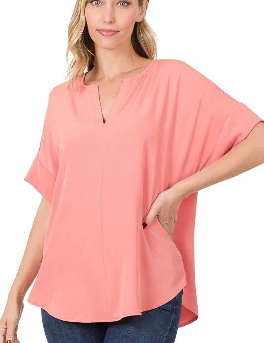 Heavy Woven Span Split Neck Short Sleeve Top