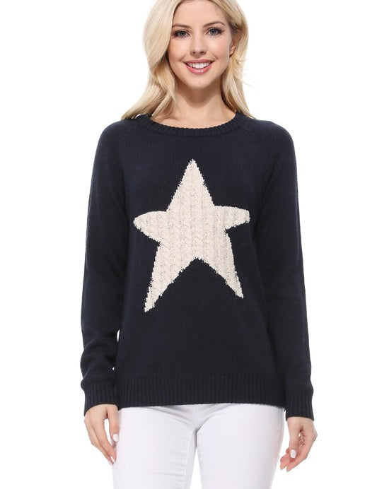 Women's Casual Star Jacquard Round Neck Pullover Sweater