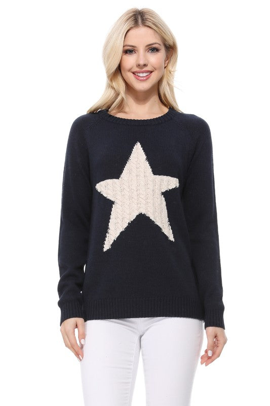 Women's Casual Star Jacquard Round Neck Pullover Sweater