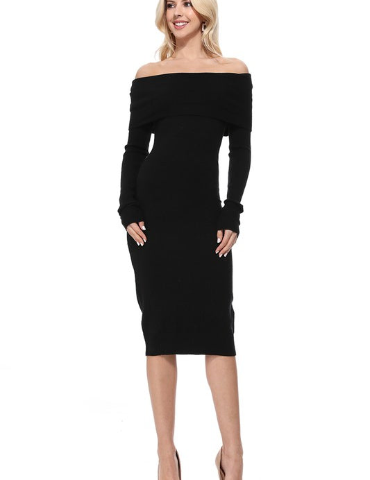 Women's Off-Shoulder Slim Fit Midi Knit Dress