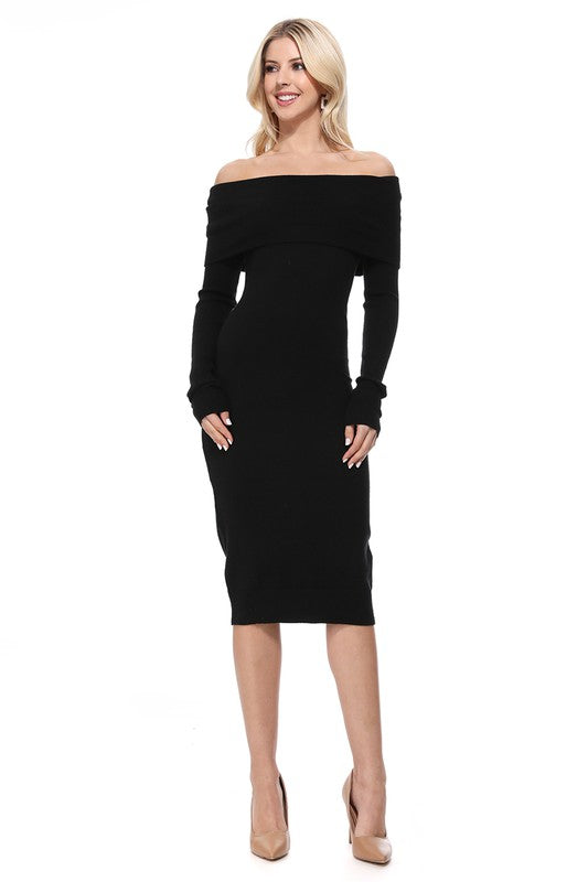 Women's Off-Shoulder Slim Fit Midi Knit Dress