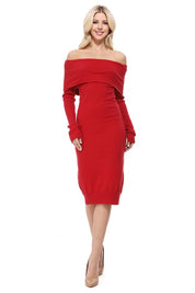 Women's Off-Shoulder Slim Fit Midi Knit Dress