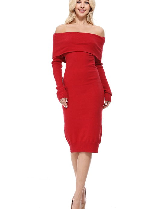 Women's Off-Shoulder Slim Fit Midi Knit Dress