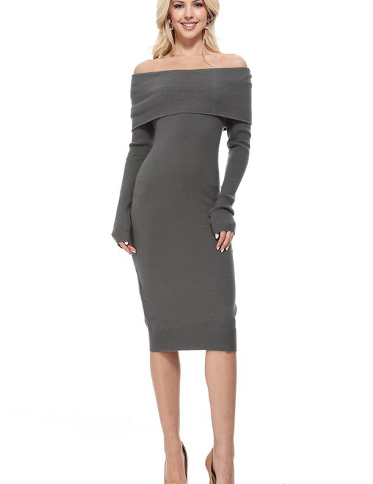 Women's Off-Shoulder Slim Fit Midi Knit Dress