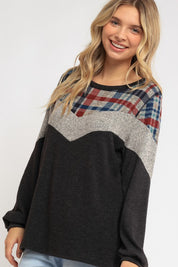 Women's Loose Fit Plaid Color Block Top