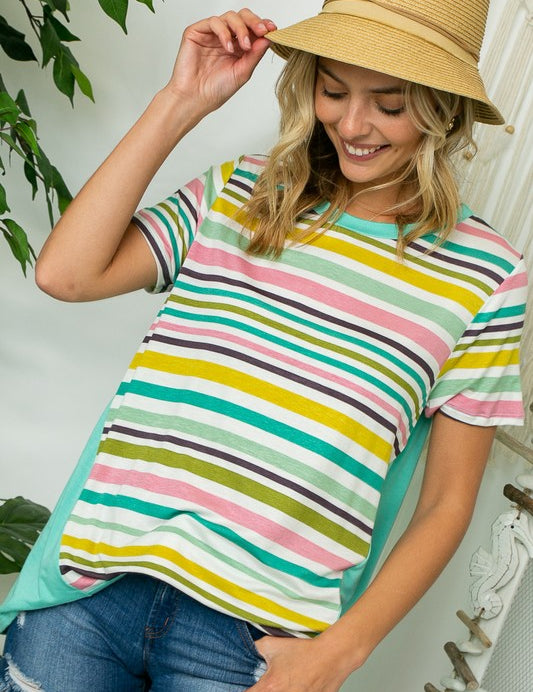 Women's Casual Multi Stripe Print and Solid Jersey Top