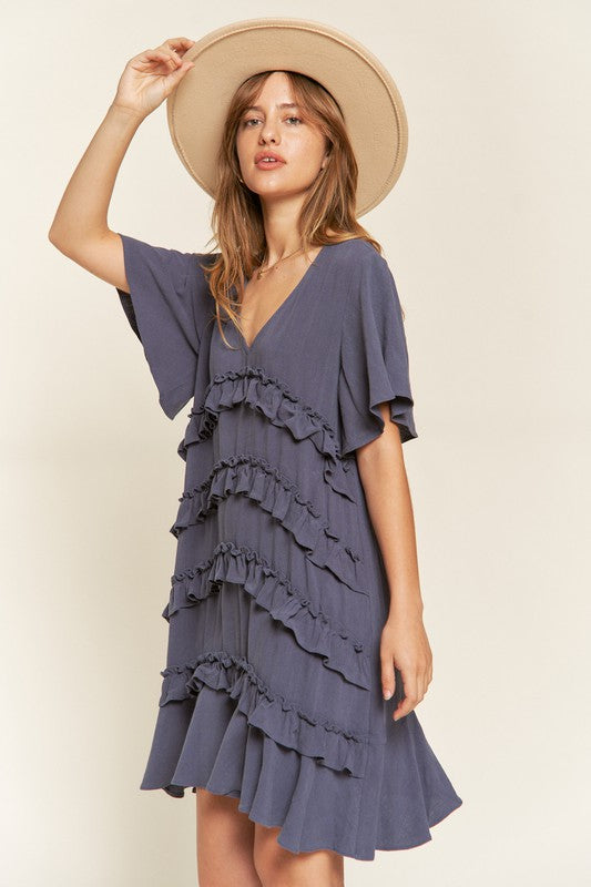 Women's Tiered Ruffle Mini Dress with Flare Sleeves