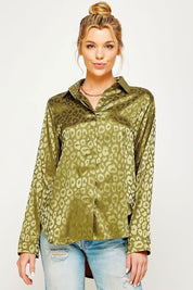 Women's Satin Leopard Print Button Down Top