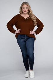 Plus Size Oversized Waffle Knit V-Neck Button Sweater