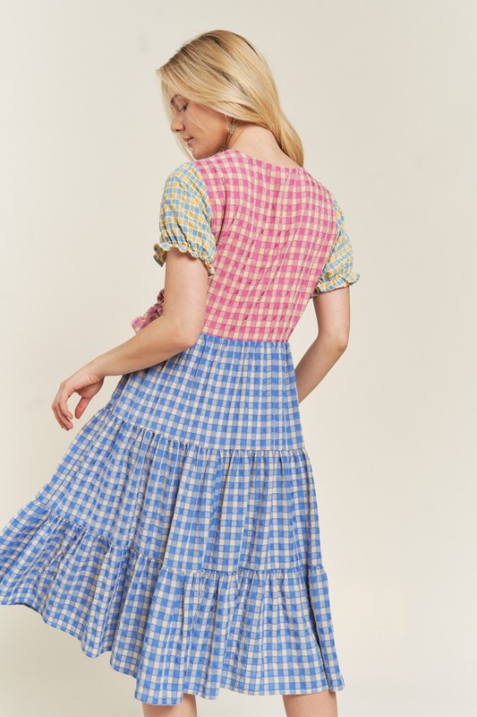 Women's Colorblock Gingham Tiered Dress