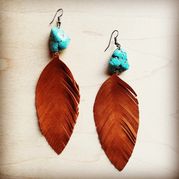 Women's Boho Leather Fringe Drop Earrings with Turquoise