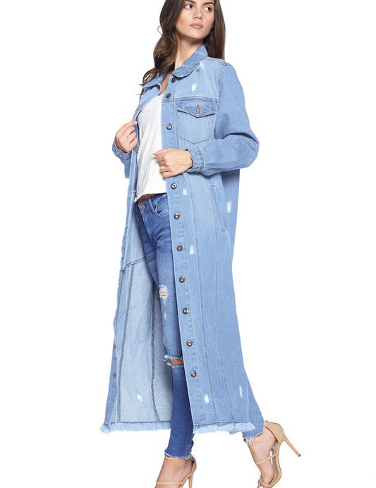 Women's Oversized Distressed Denim Long Jacket