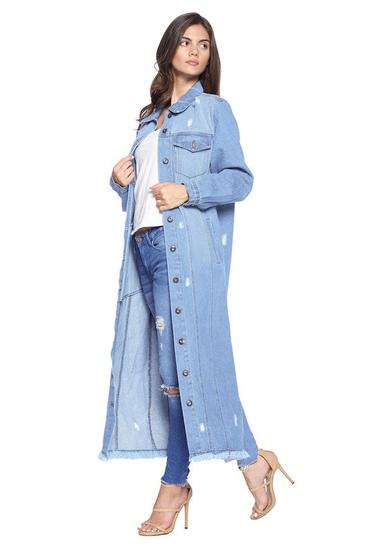 Women's Oversized Distressed Denim Long Jacket