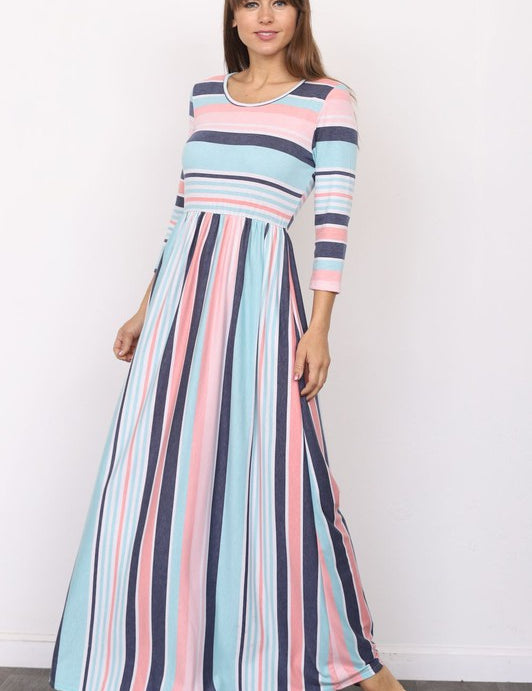 Women's Quarter Sleeve Striped Maxi Dress